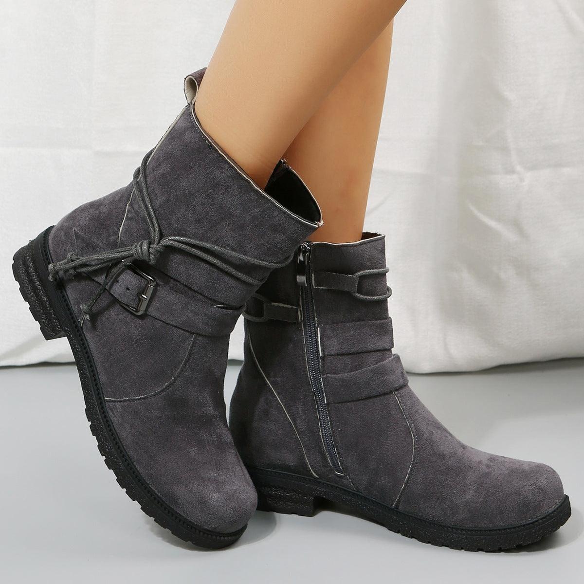 Suede Side Zip Round Toe Boots - Trendy by Luna