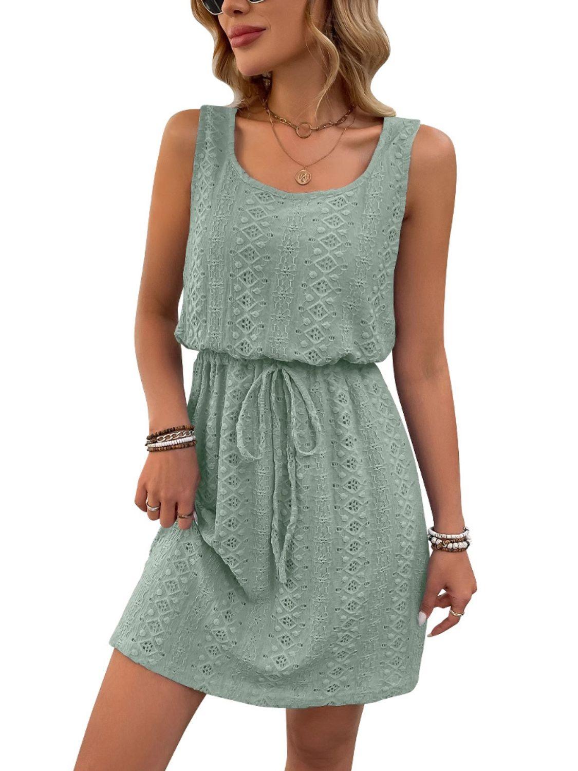 Eyelet Drawstring Round Neck Sleeveless Dress - Trendy by Luna