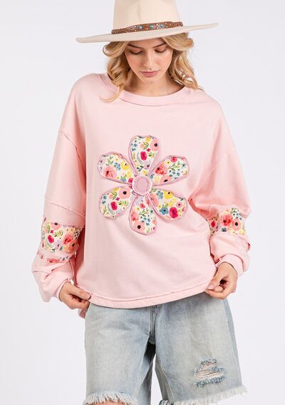 Daisy Patch Applique Long Sleeve Sweatshirt - Trendy by Luna