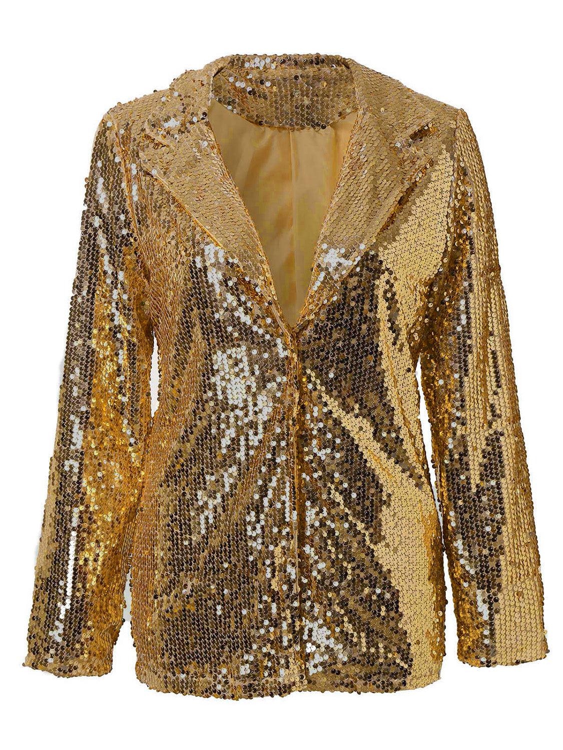 Sequin Lapel Collar Long Sleeve Blazer - Trendy by Luna