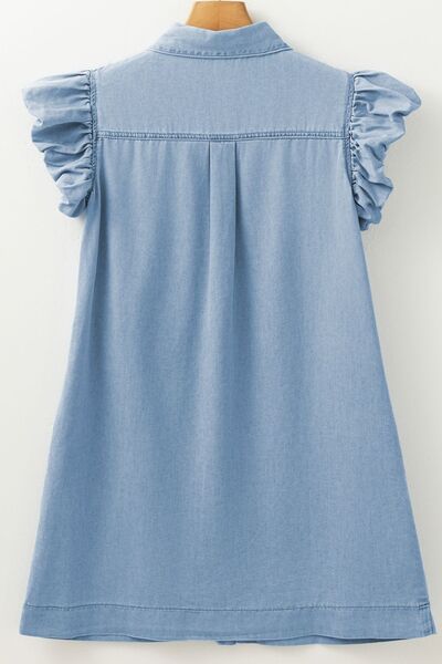 Smocked Collared Neck Cap Sleeve Denim Dress - Trendy by Luna