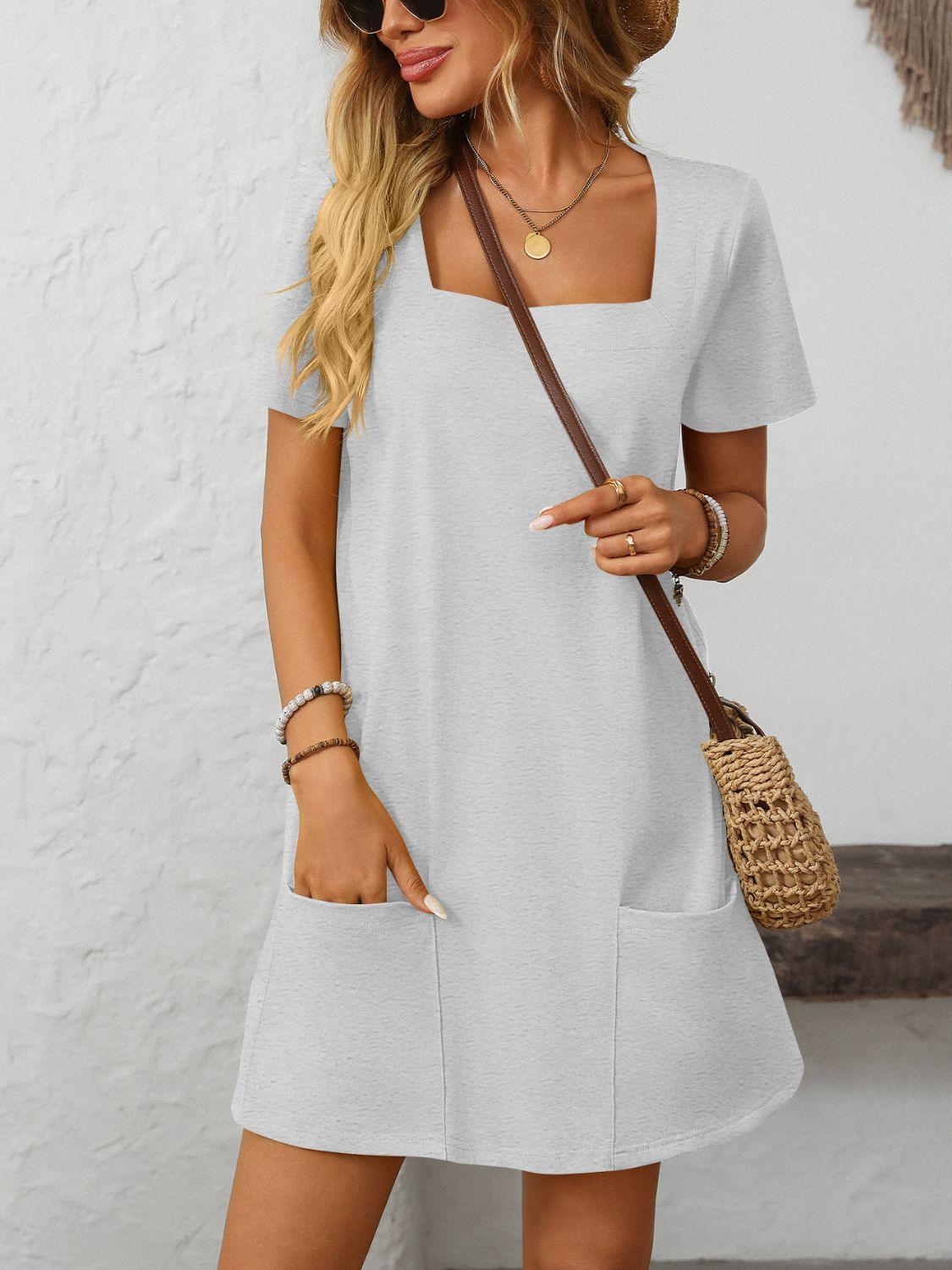 Square Neck Short Sleeve Mini Dress - Trendy by Luna