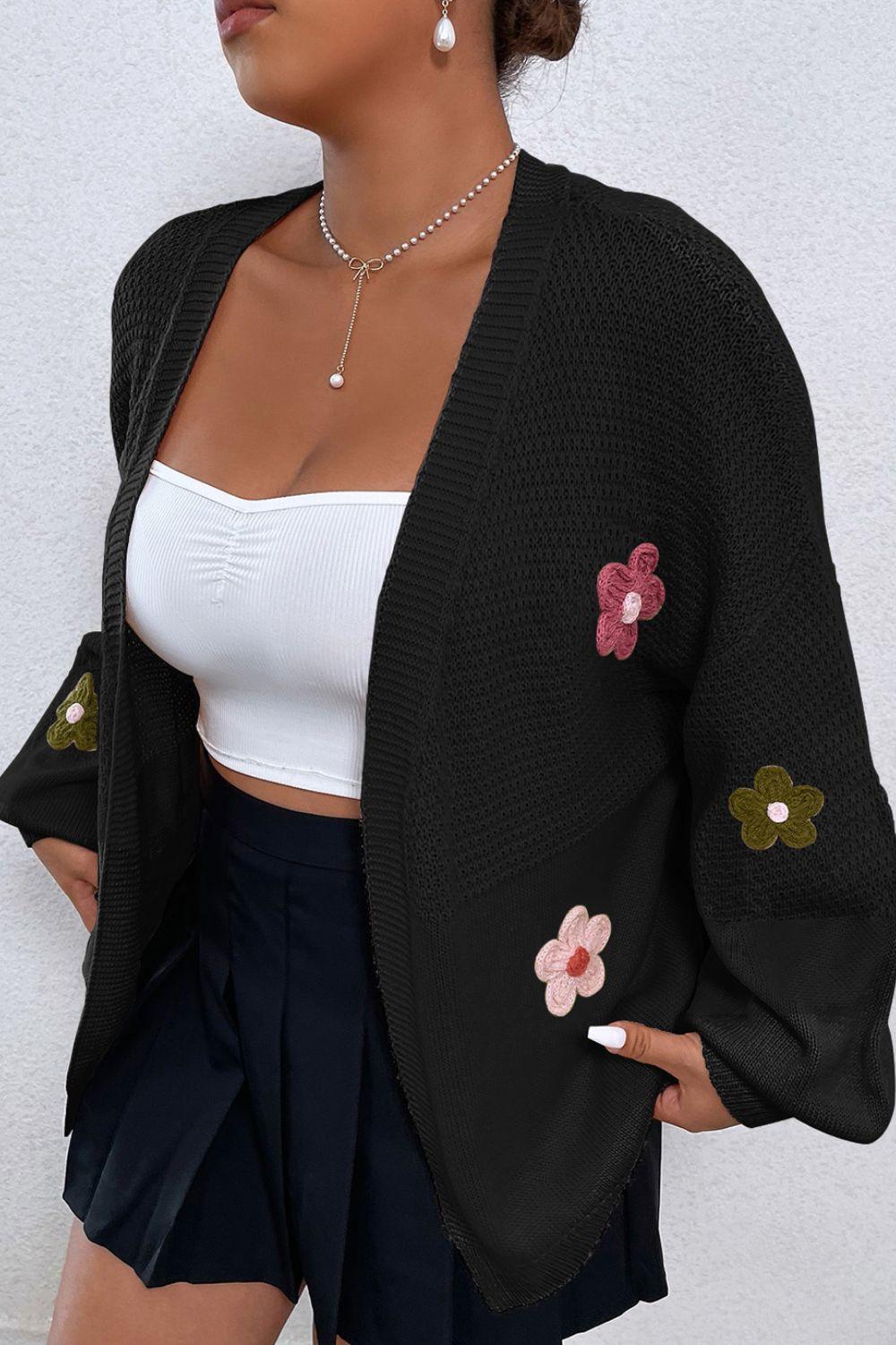 Floral Applique Drop Shoulder Open Front Cardigan - Trendy by Luna