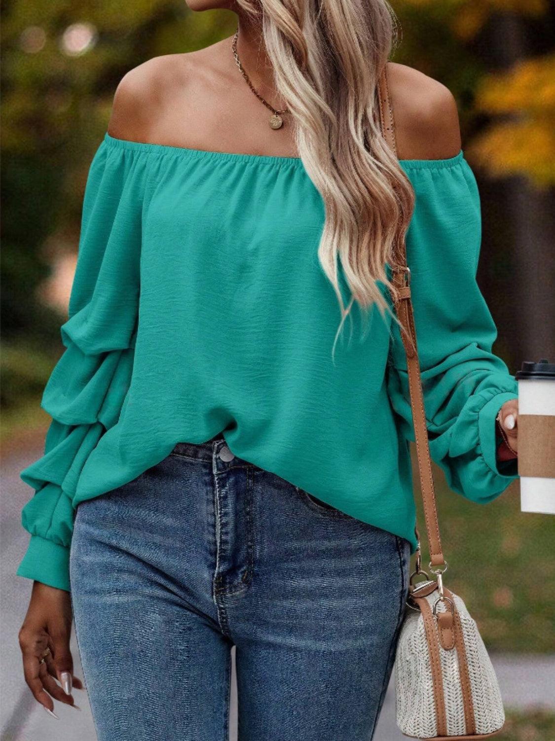 Ruched Off-Shoulder Long Sleeve Blouse - Trendy by Luna