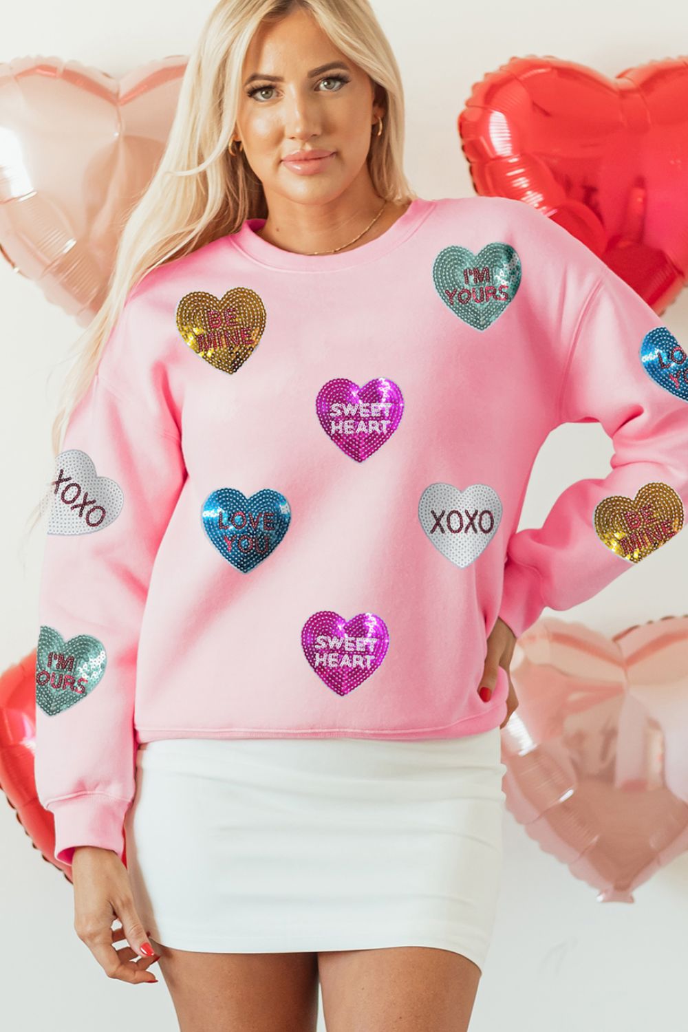 Valentine’s Day Sequin Heart Round Neck Long Sleeve Sweatshirt - Trendy by Luna