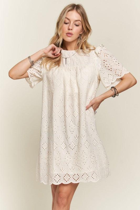 ADORA Ruffled Eyelet Round Neck Dress - Trendy by Luna