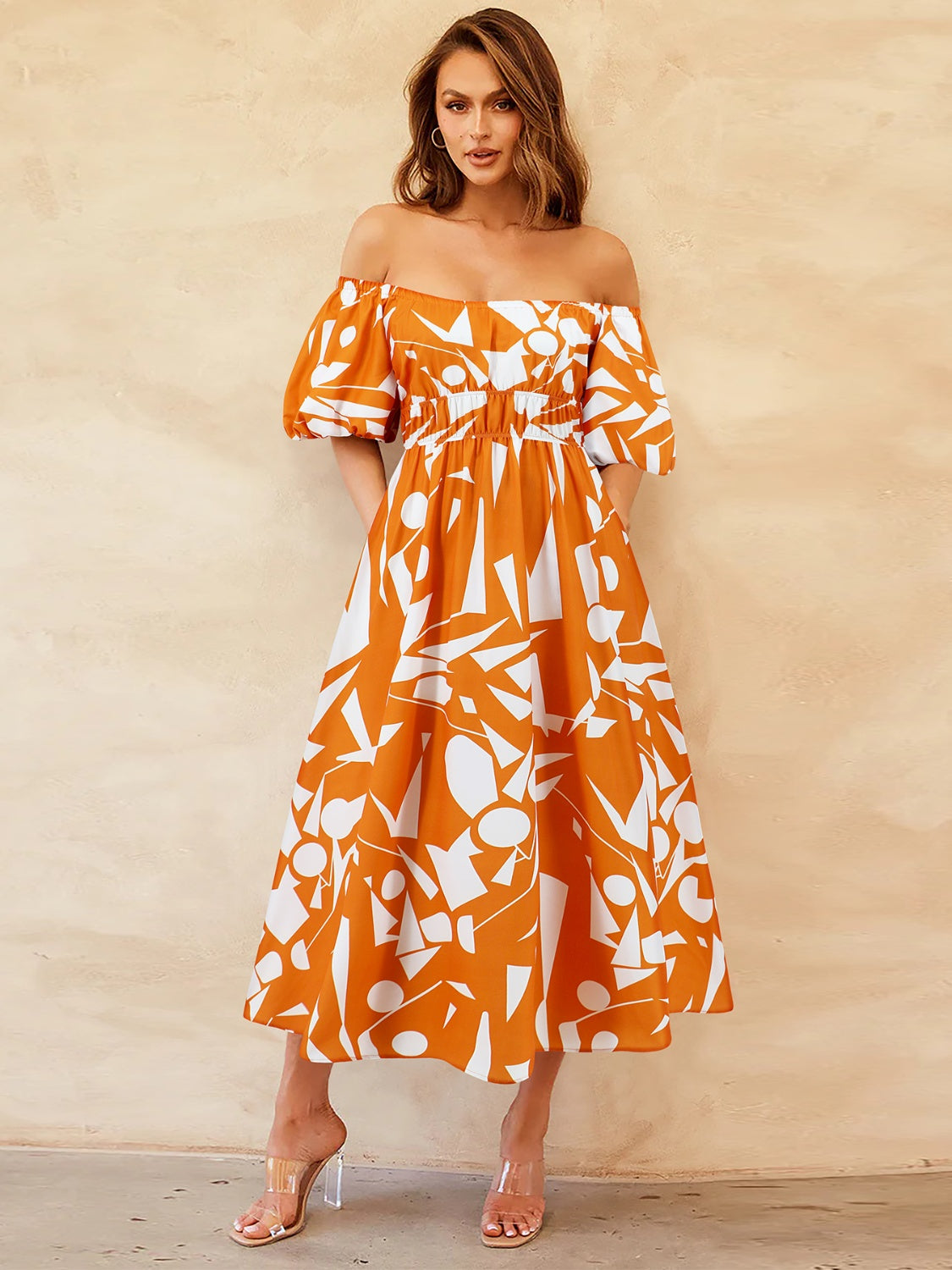 Printed Off-Shoulder Balloon Sleeve Dress - Trendy by Luna