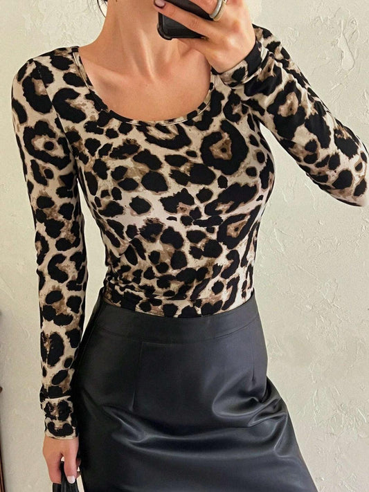 Leopard Scoop Neck Long Sleeve T-Shirt - Trendy by Luna