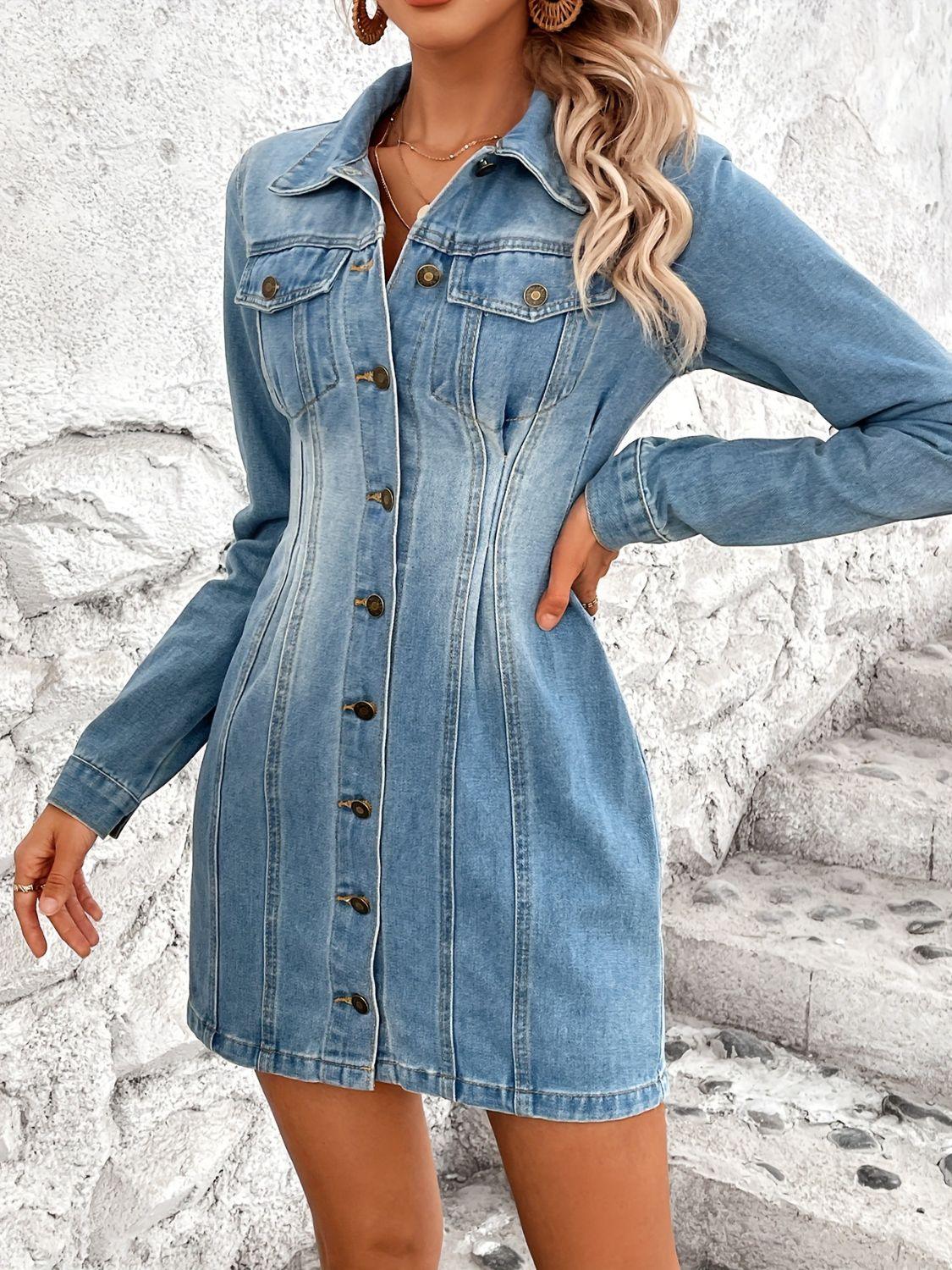 Pocketed Button Up Long Sleeve Denim Dress - Trendy by Luna