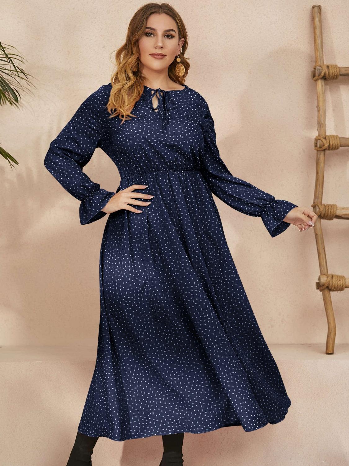 Honey Plus Size Ruffled Polka Dot Long Sleeve Midi Dress - Trendy by Luna