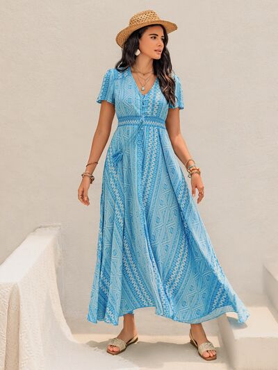 Printed Button Down Short Sleeve Maxi Dress - Trendy by Luna