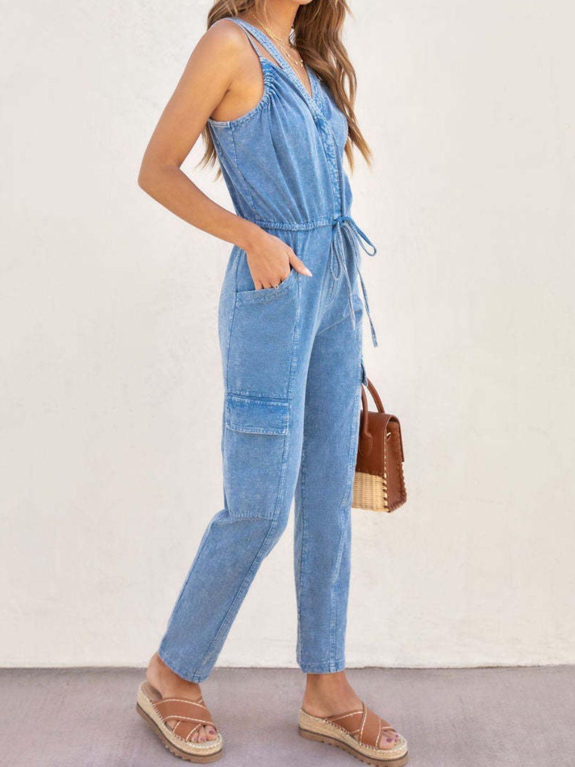 V-Neck Sleeveless Denim Jumpsuit - Trendy by Luna