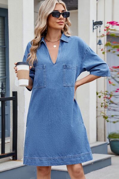 Johnny Collar Half Sleeve Denim Dress - Trendy by Luna