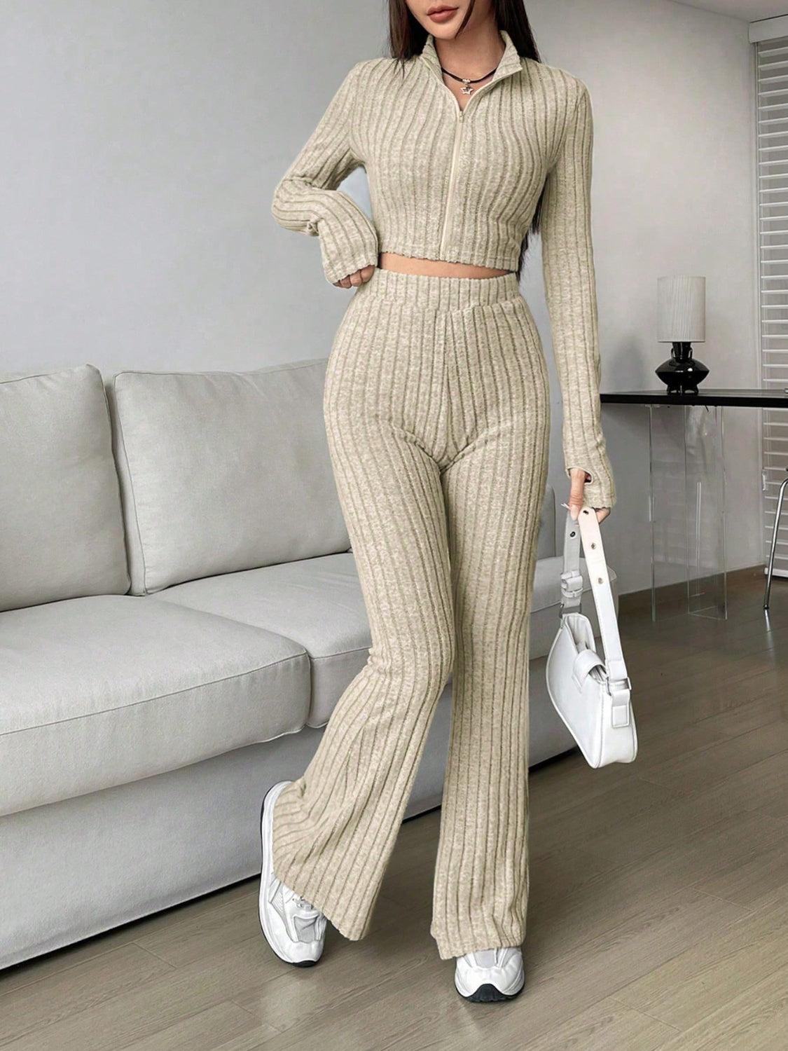 Honey Zip Up Long Sleeve Top and Pants Set - Trendy by Luna