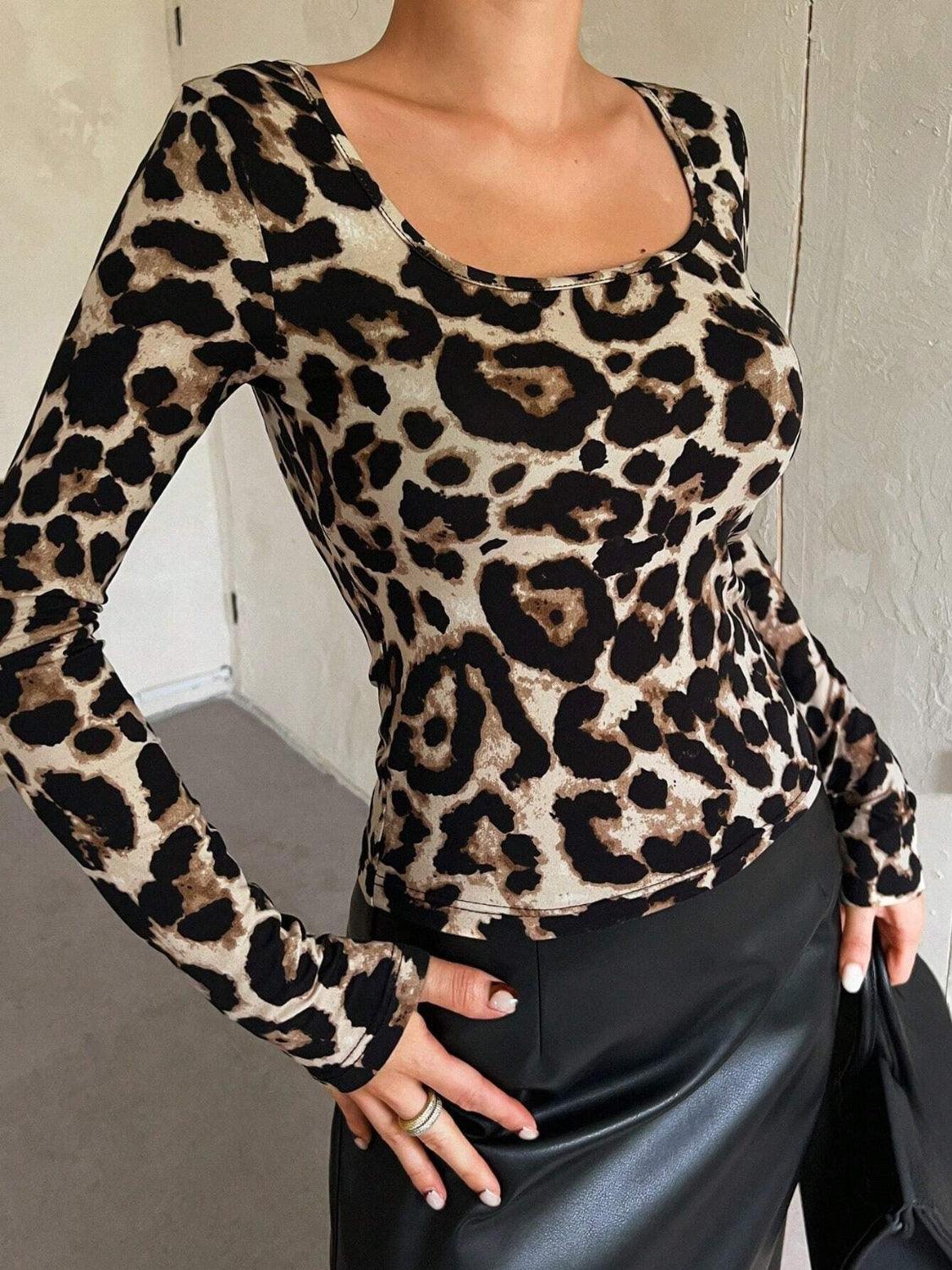 Leopard Scoop Neck Long Sleeve T-Shirt - Trendy by Luna