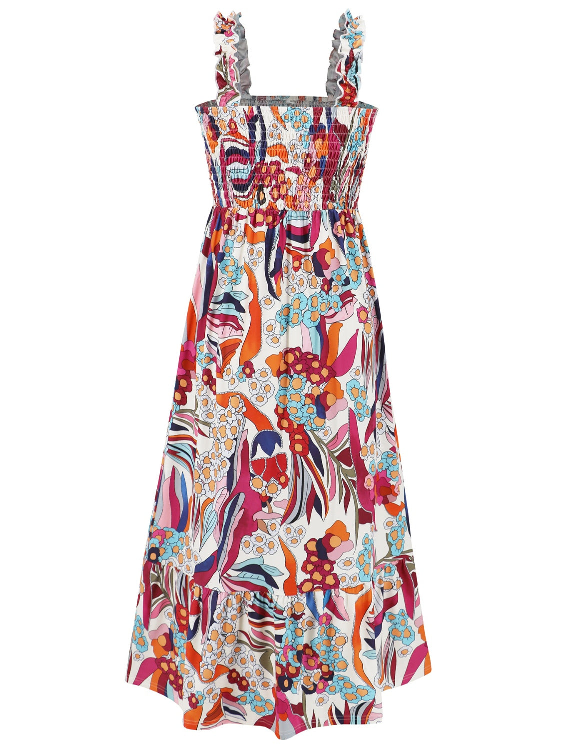 Smocked Printed Square Neck Sleeveless Dress - Trendy by Luna