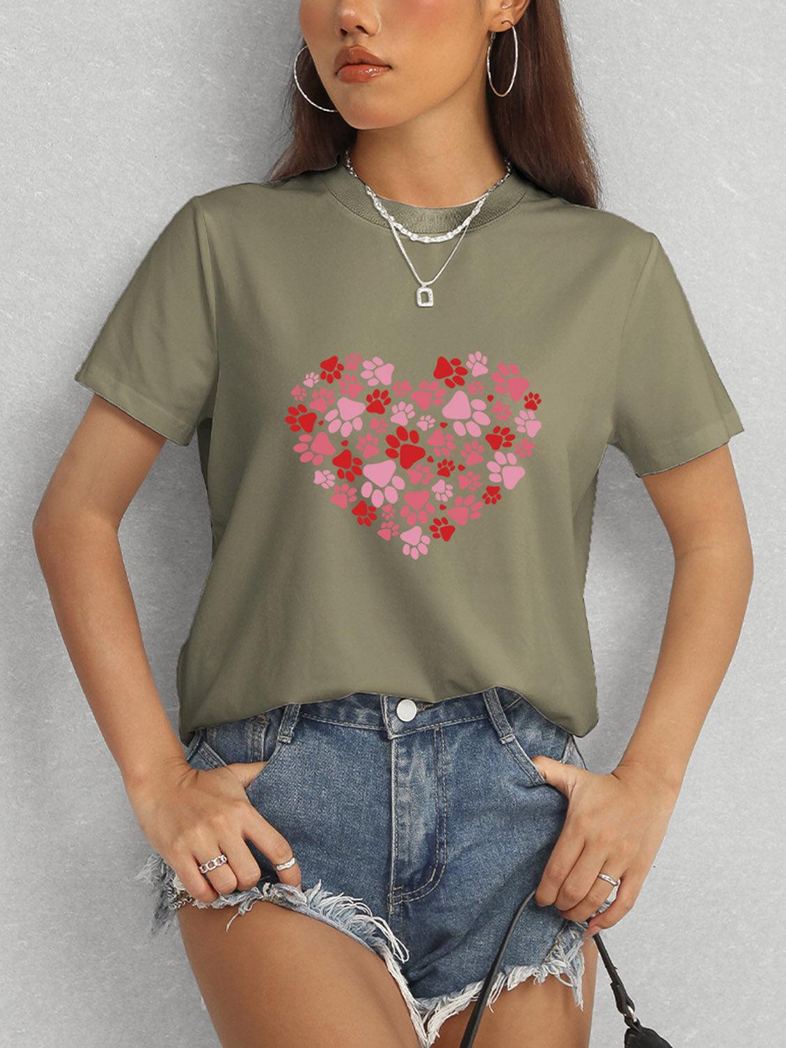 Heart Round Neck Short Sleeve T-Shirt - Trendy by Luna