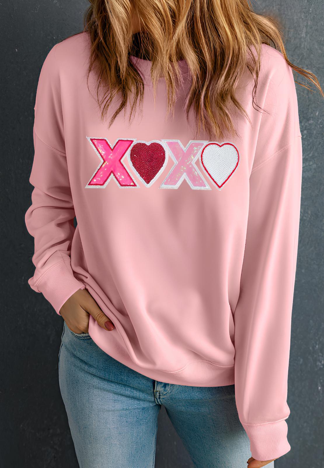 Valentine’s Day XOXO Round Neck Long Sleeve Sweatshirt - Trendy by Luna