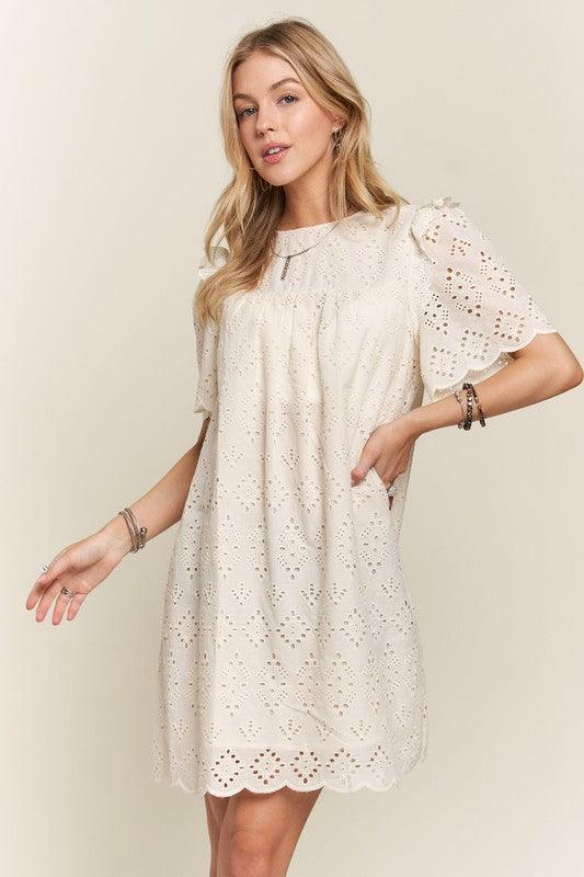 ADORA Ruffled Eyelet Round Neck Dress - Trendy by Luna