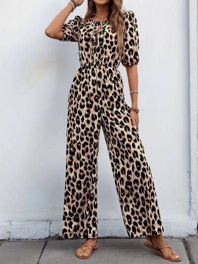 Perfee Tied Leopard Half Sleeve Jumpsuit - Trendy by Luna