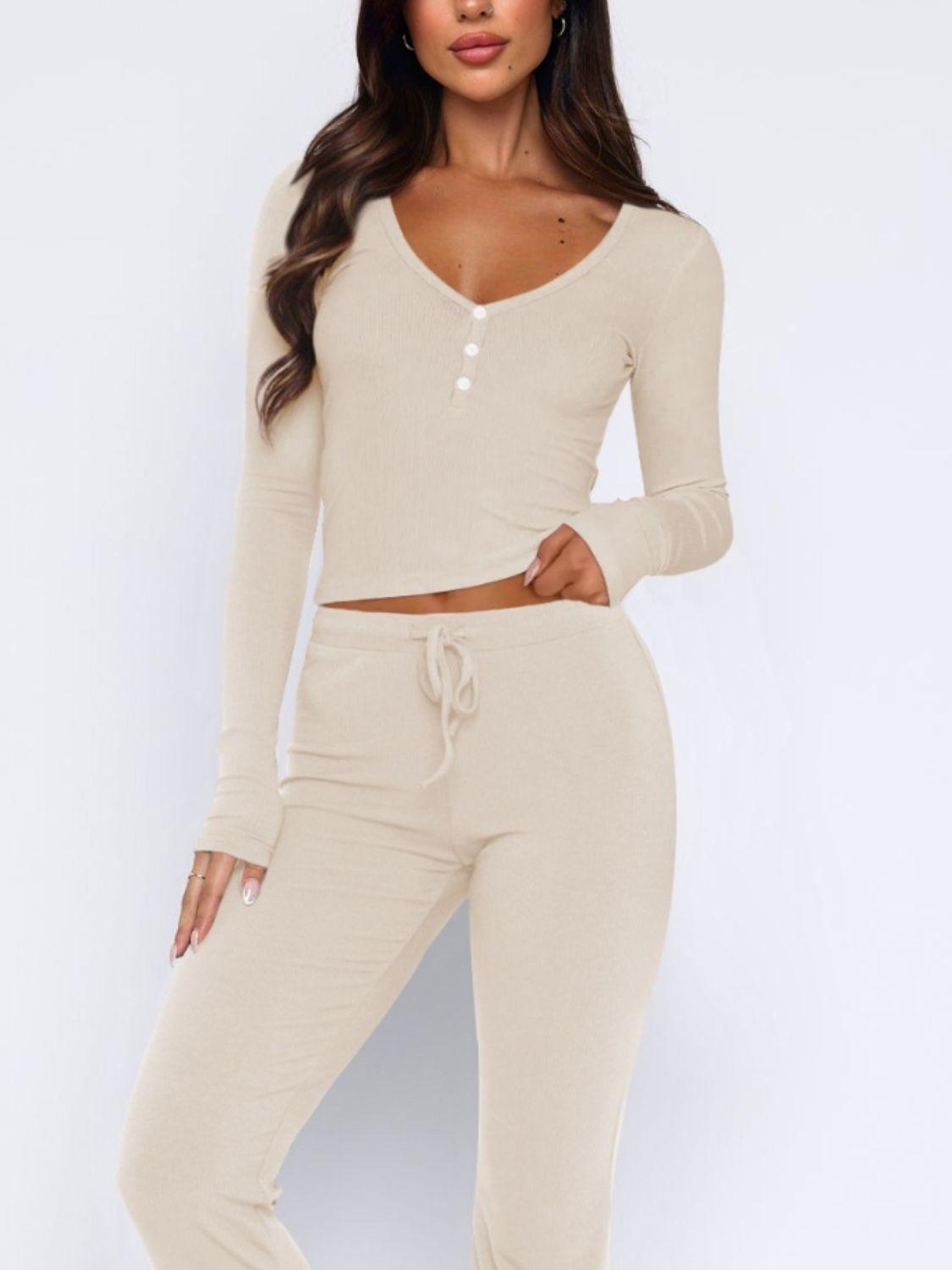 V-Neck Long Sleeve Top and Pants Set - Trendy by Luna