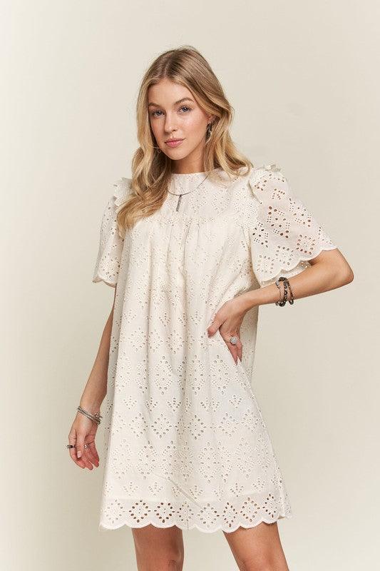 ADORA Ruffled Eyelet Round Neck Dress - Trendy by Luna