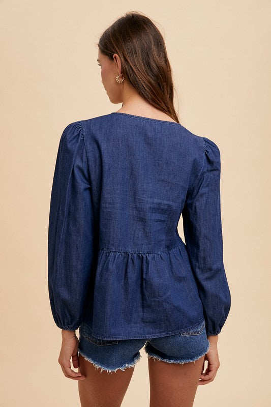 Tie Front Peplum Long Sleeve Denim Top