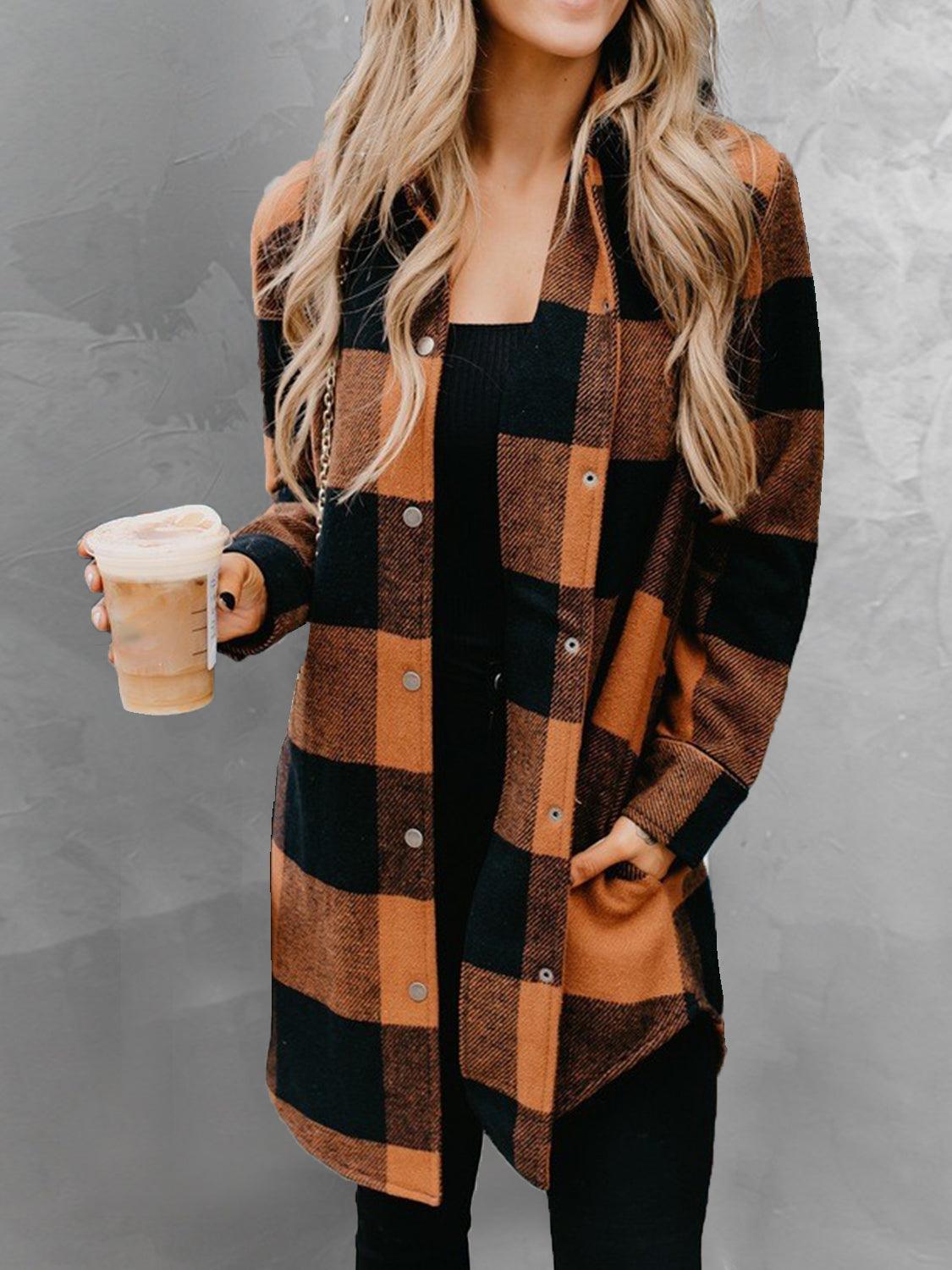 Plaid Snap Down Long Sleeve Jacket - Trendy by Luna