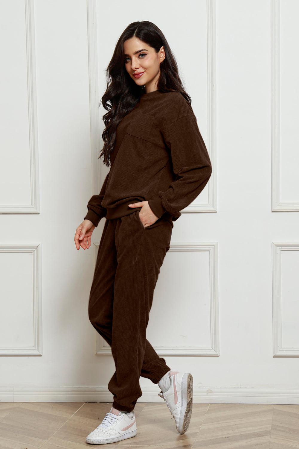 Corduroy Round Neck Sweatshirt and Sweatpants Set - Trendy by Luna