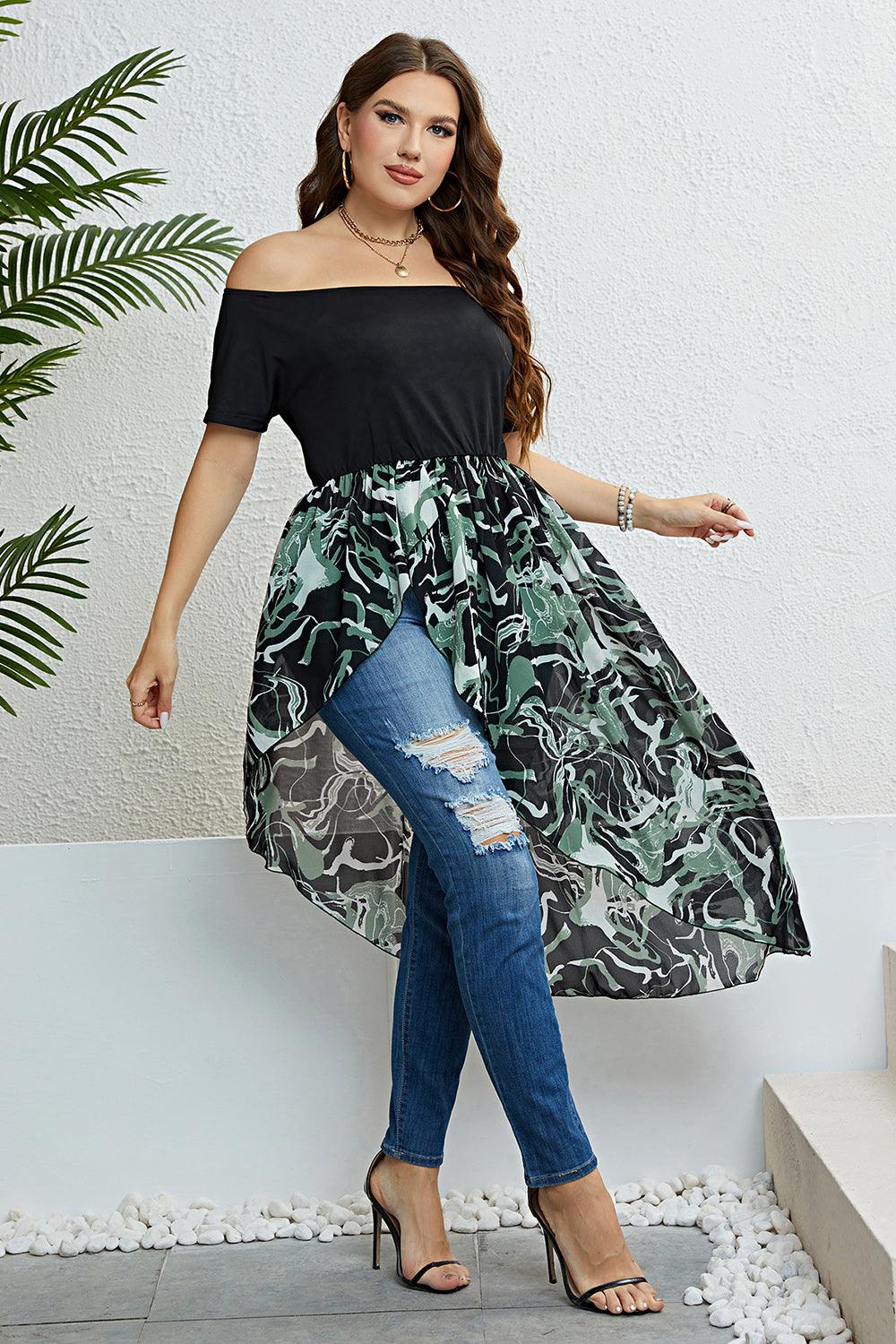 Honey Plus Size Off-Shoulder Asymmetrical Hem Dress - Trendy by Luna