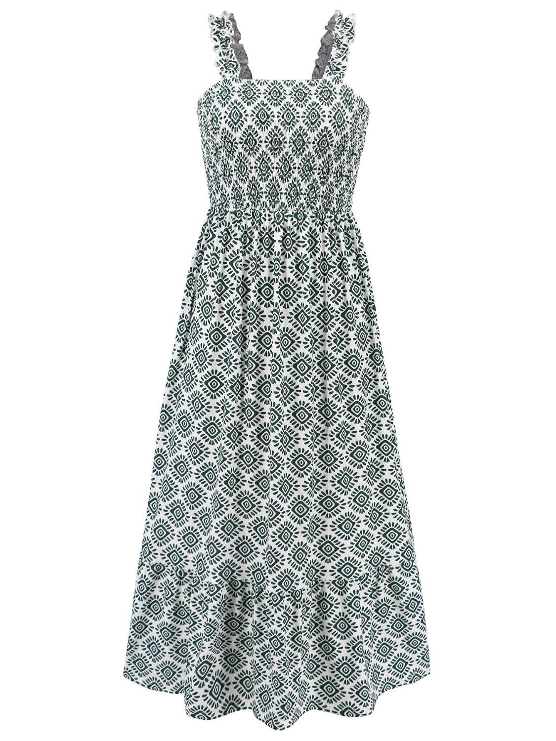 Smocked Printed Square Neck Sleeveless Dress - Trendy by Luna