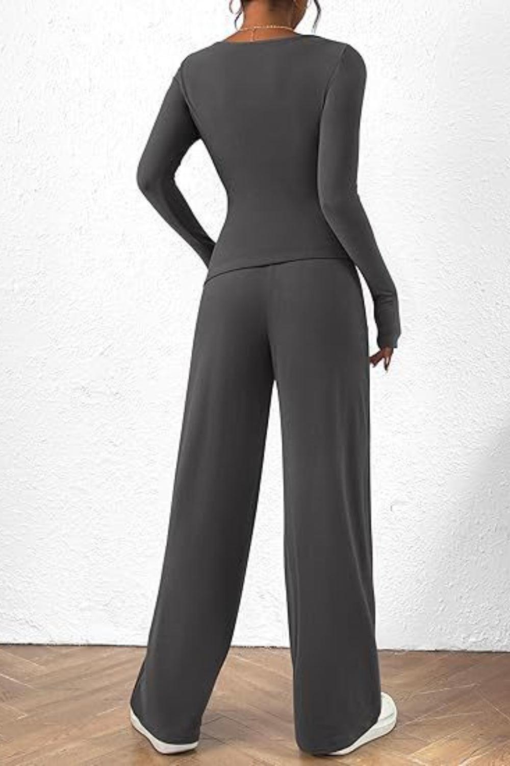 Round Neck Long Sleeve Top and Pants Set - Trendy by Luna