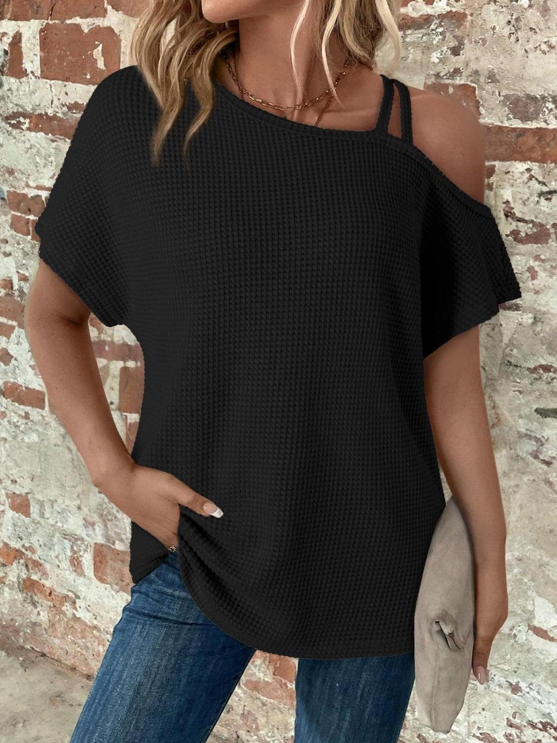 Asymmetrical Neck Short Sleeve T-Shirt - Trendy by Luna