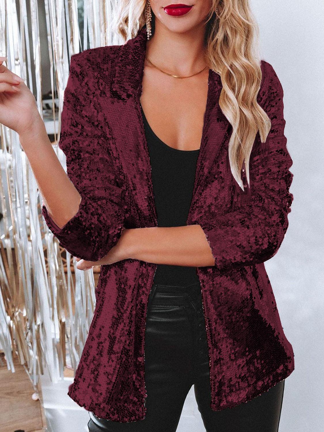 Sequin Lapel Collar Long Sleeve Blazer - Trendy by Luna