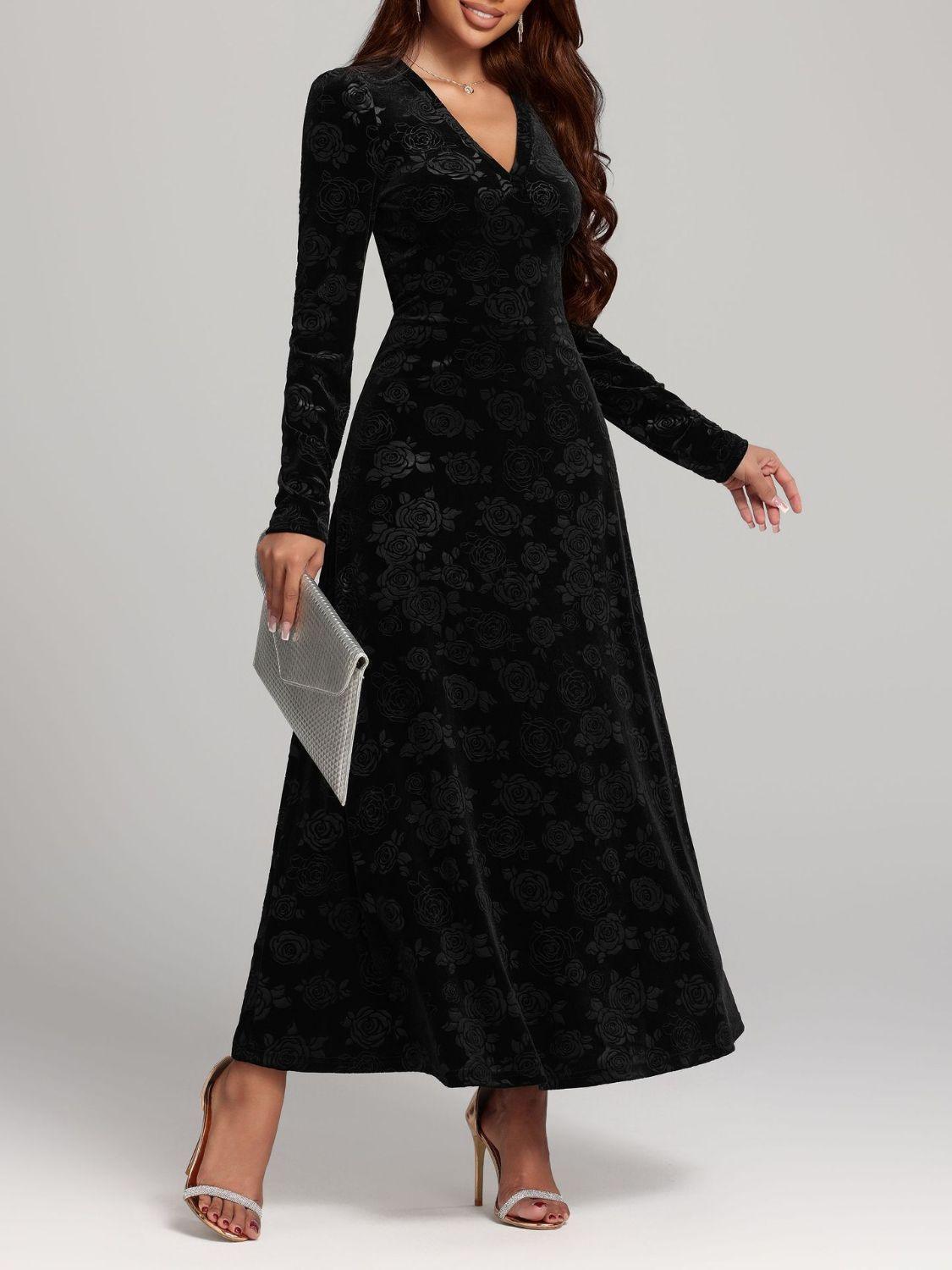 Rose Print V-Neck Long Sleeve Dress - Trendy by Luna