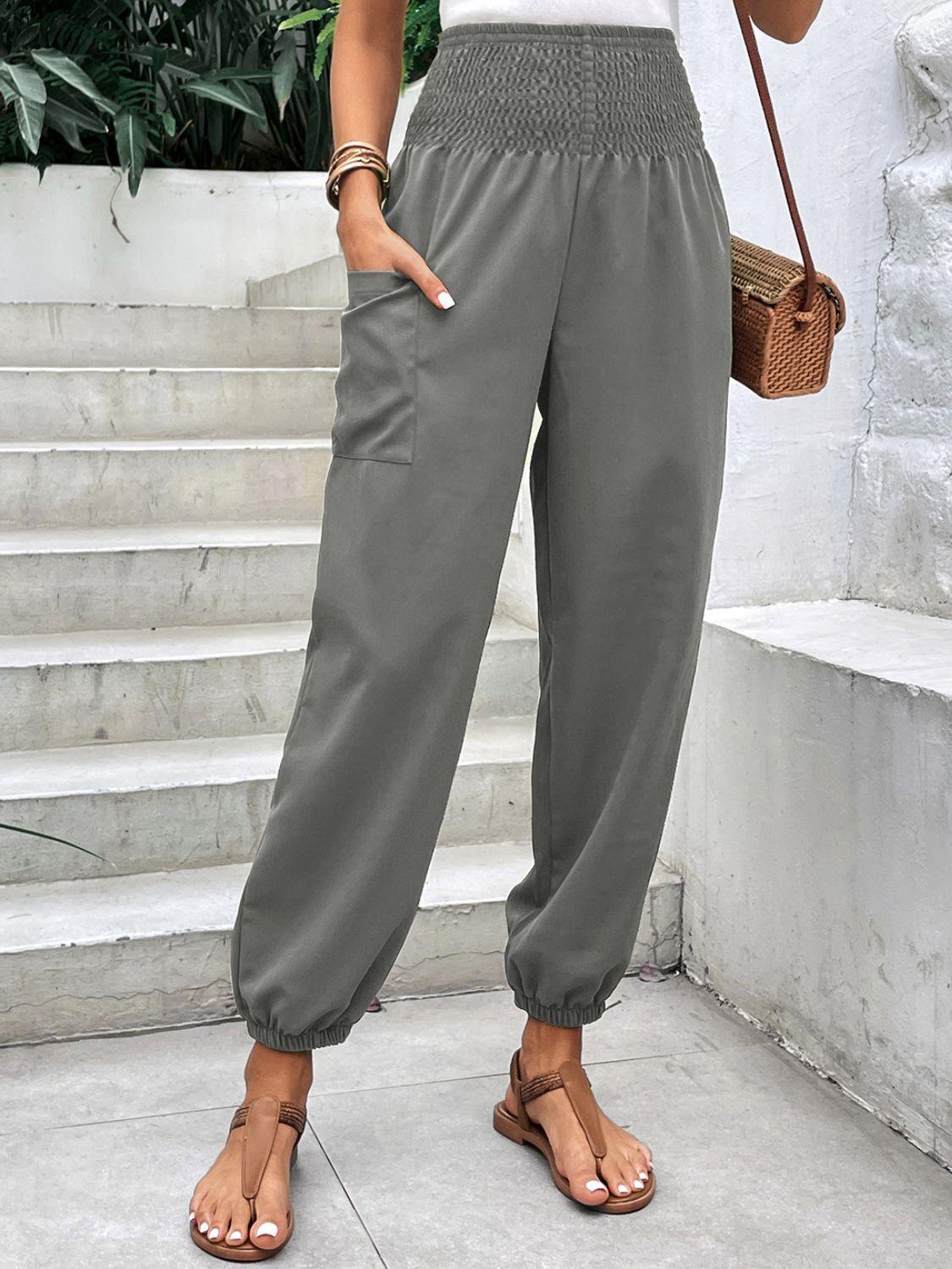 Smocked High Rise Joggers with Pockets - Trendy by Luna