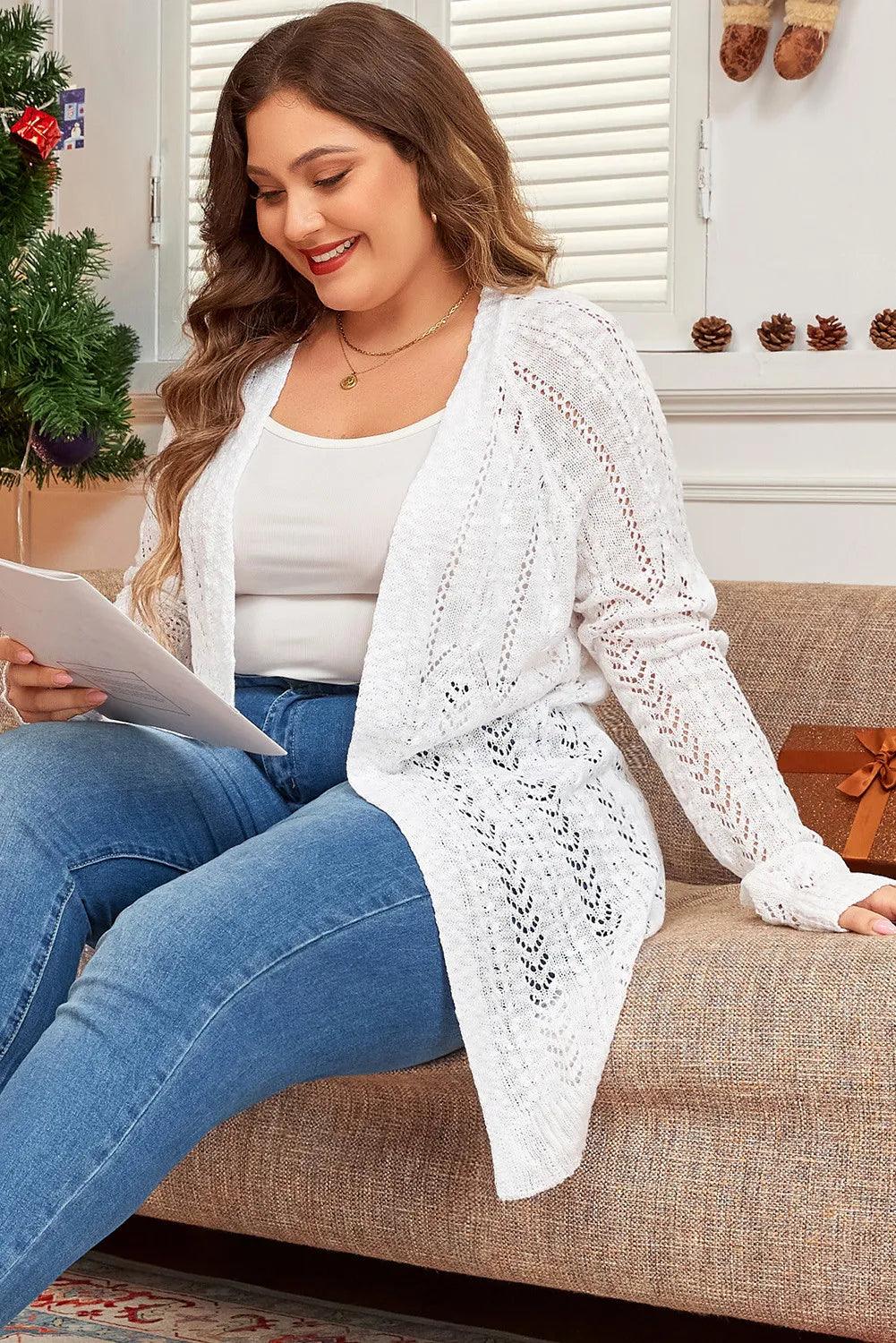 Plus Size Openwork Open Front Long Sleeve Cardigan - Trendy by Luna