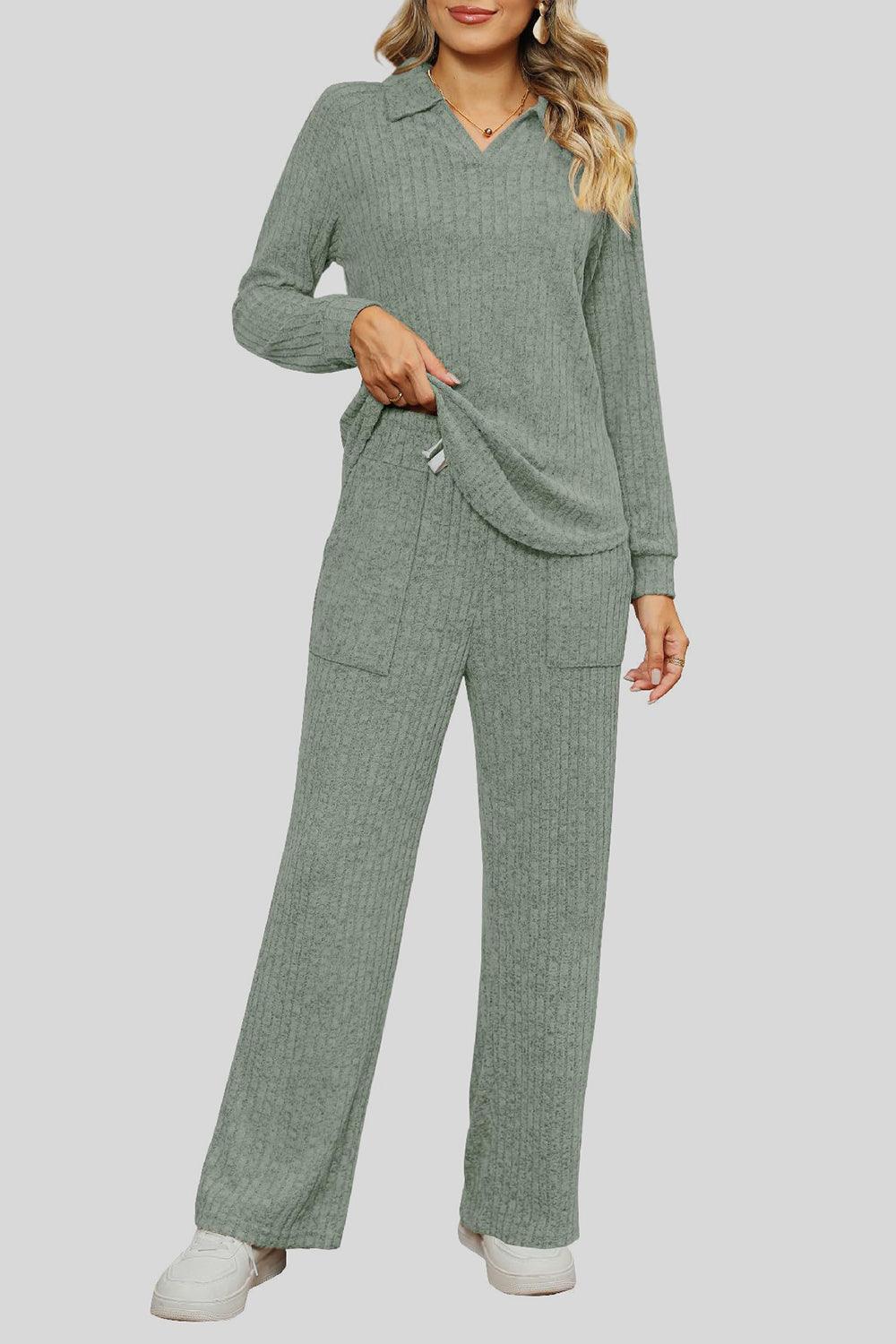 Ribbed Long Sleeve Top and Pocketed Pants Set - Trendy by Luna