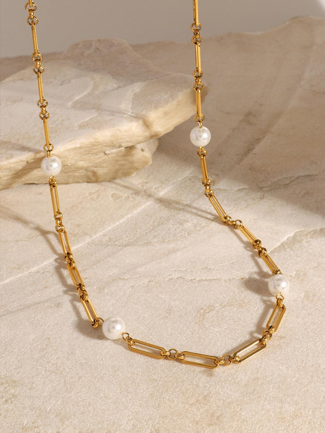 Stainless Steel Pearl Chain Necklace - Trendy by Luna