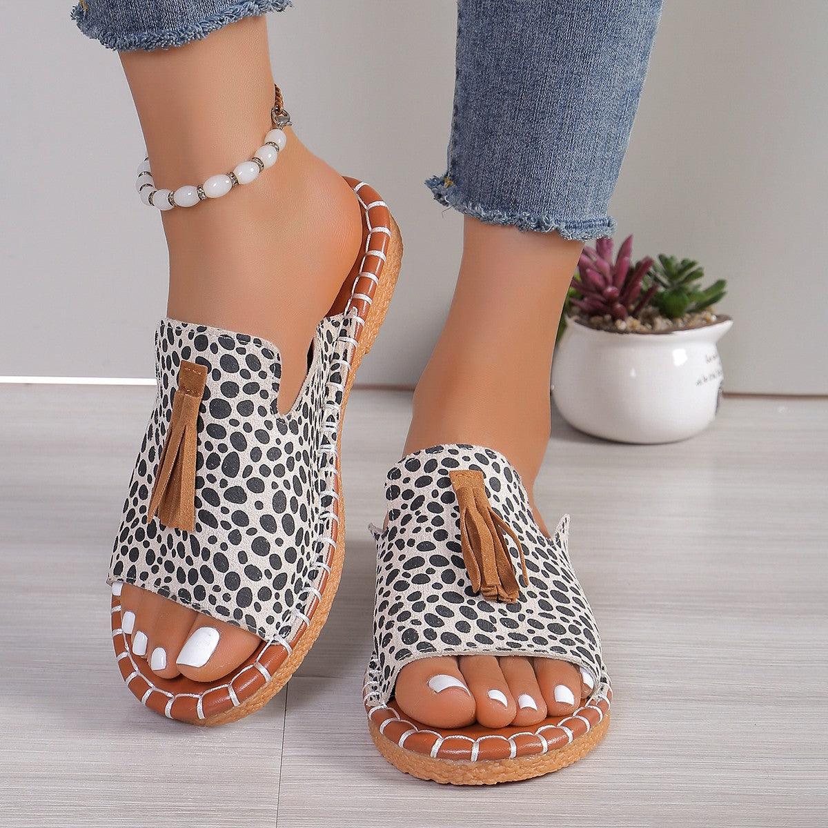 Fringe Leopard Open Toe Sandals - Trendy by Luna