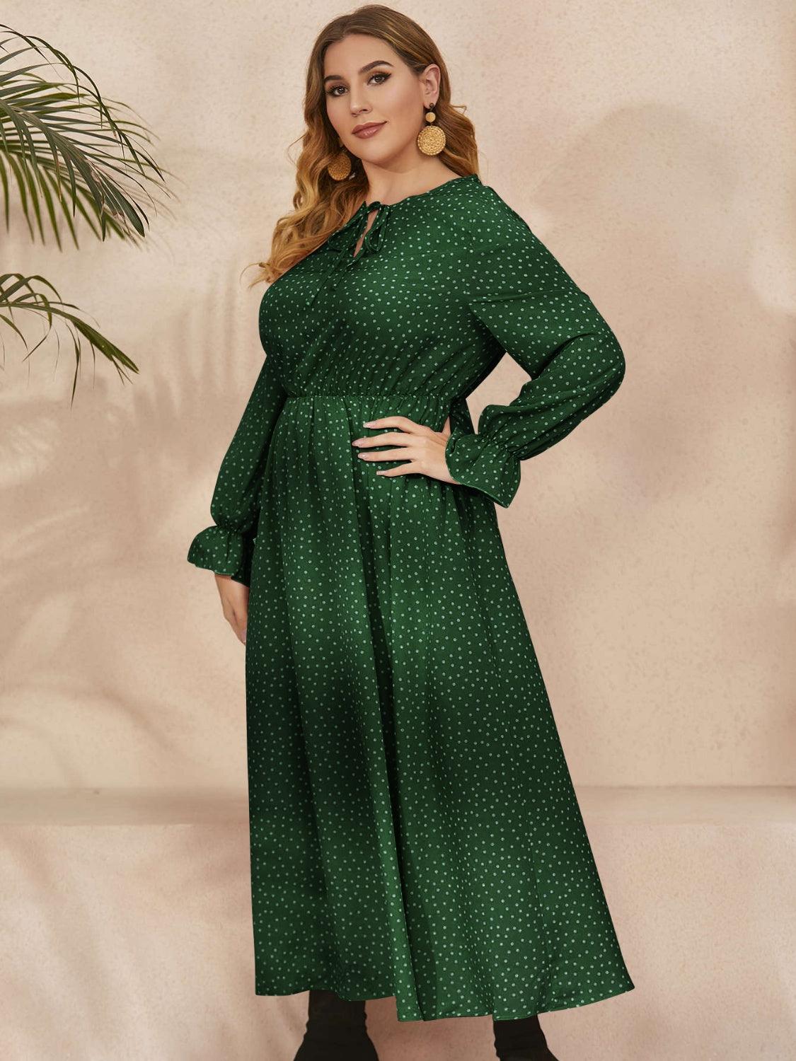 Honey Plus Size Ruffled Polka Dot Long Sleeve Midi Dress - Trendy by Luna