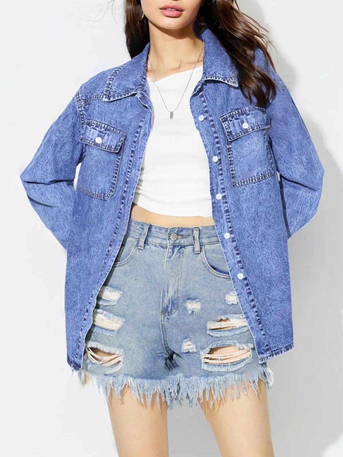 Curved Hem Collared Neck Denim Top - Trendy by Luna