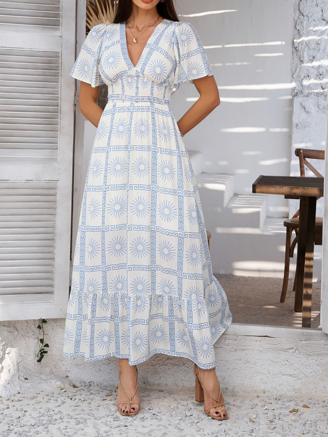 Smocked Printed V-Neck Short Sleeve Maxi Dress - Trendy by Luna