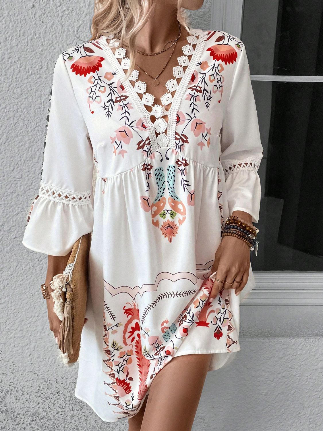 Lace Detail Printed Three-Quarter Sleeve Dress - Trendy by Luna