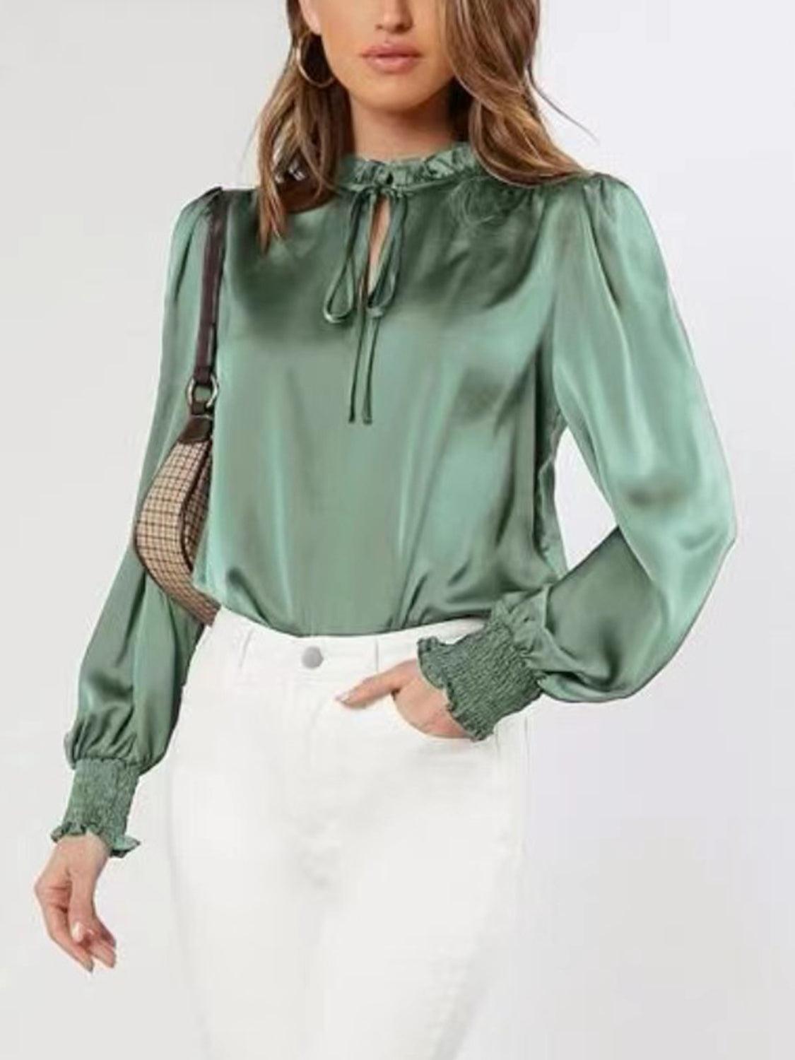 Frill Tied Lantern Sleeve Blouse - Trendy by Luna