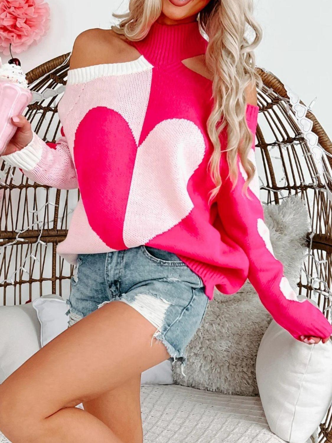 Valentine's Day Heart Turtleneck Cold Shoulder Sweater - Trendy by Luna