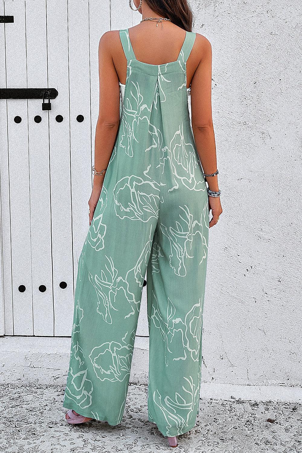 Printed Wide Strap Jumpsuit with Pockets - Trendy by Luna