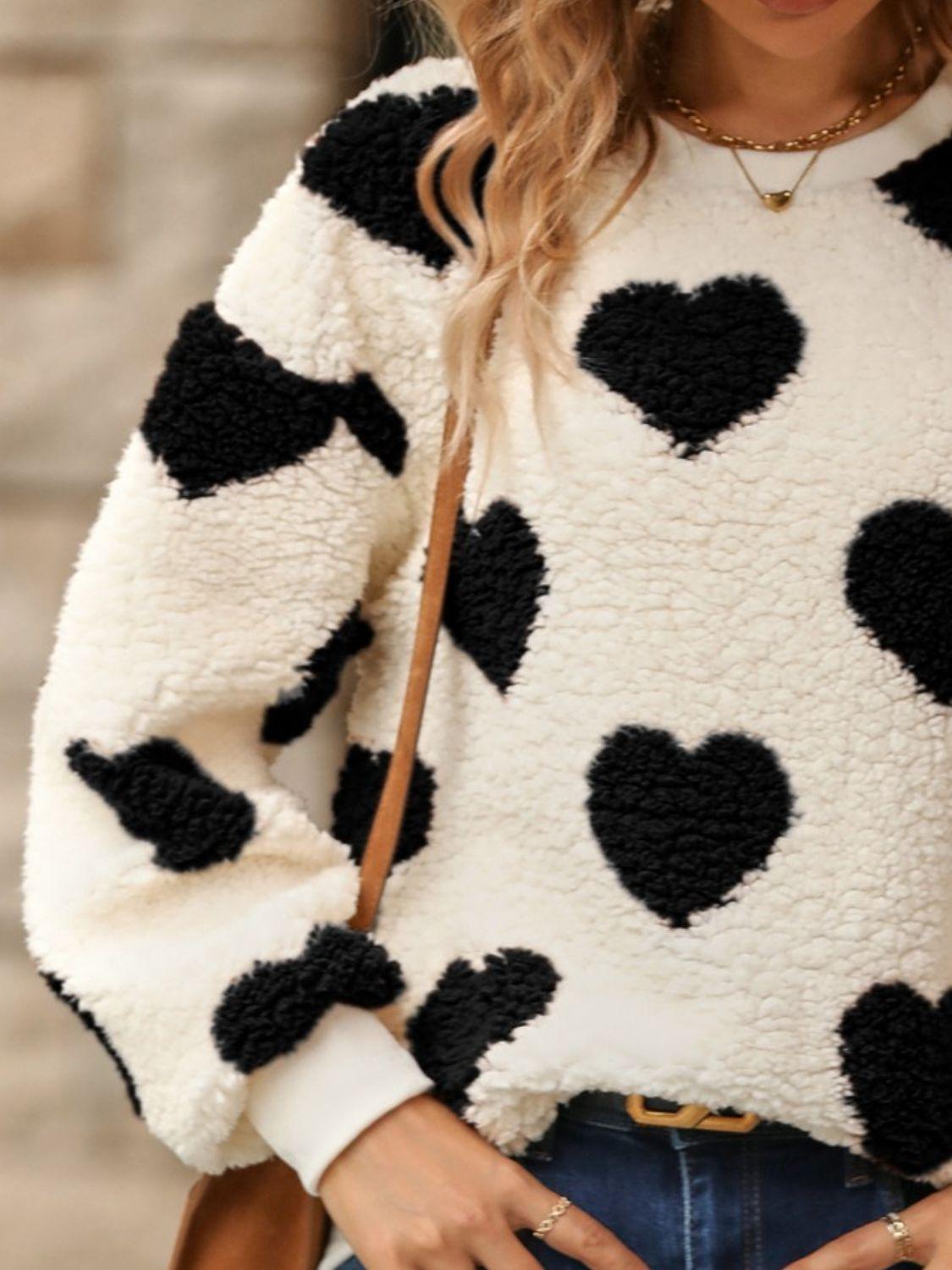 Fuzzy Heart Dropped Shoulder Sweatshirt - Trendy by Luna