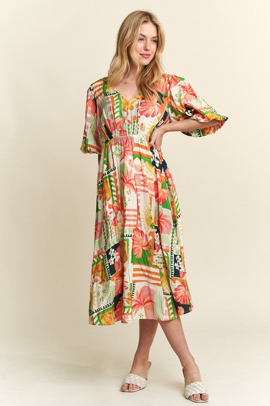 ADORA Floral V-Neck Puff Sleeve Midi Dress - Trendy by Luna