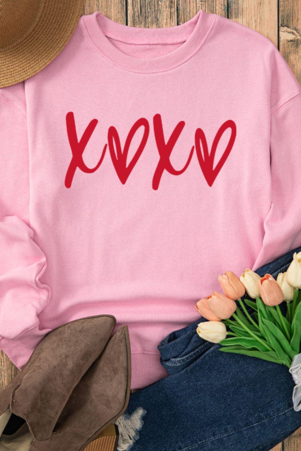 Valentine’s Day XOXO Round Neck Drop Shoulder Sweatshirt - Trendy by Luna